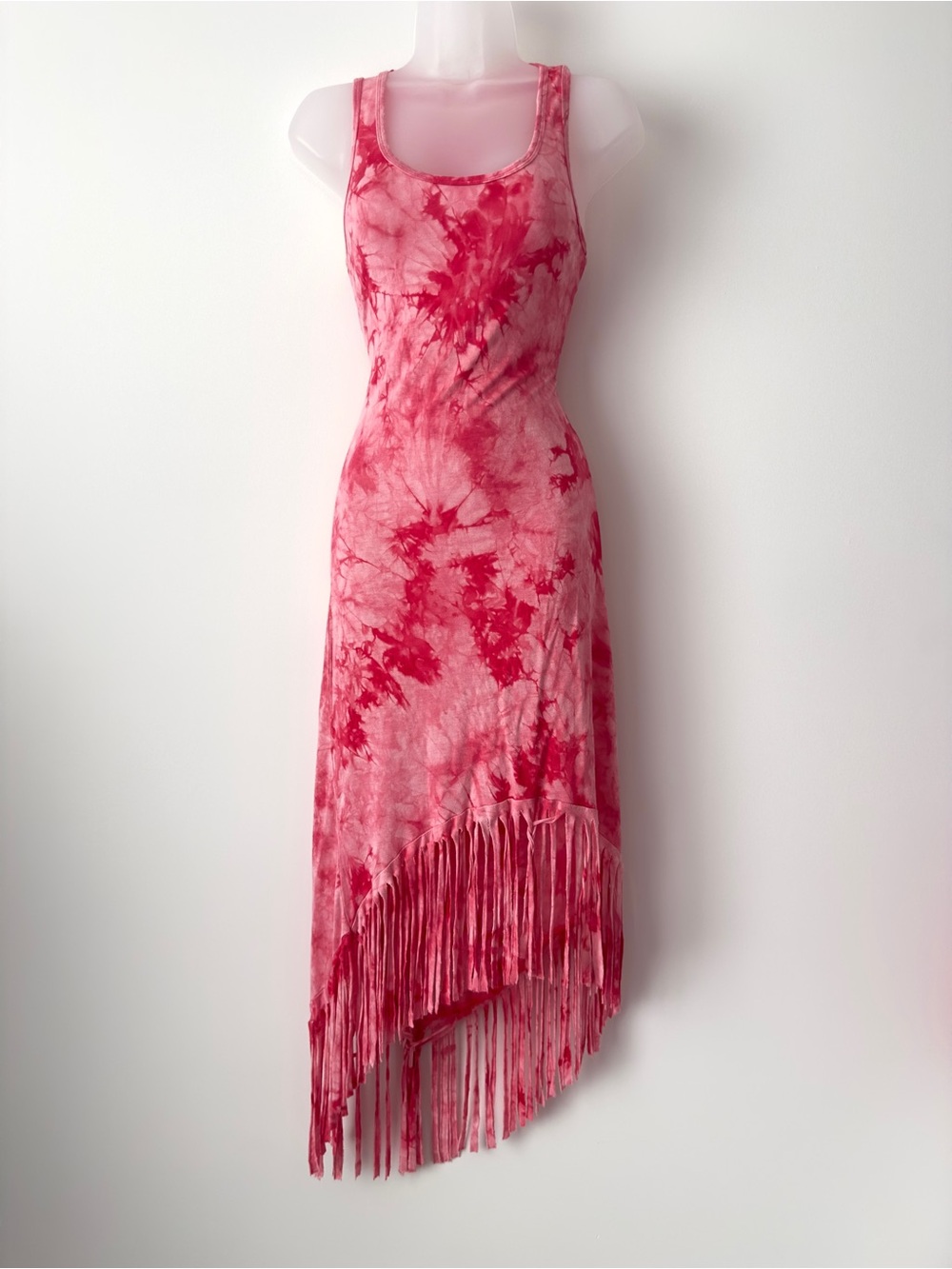 red tie dye fringe midi summer dress